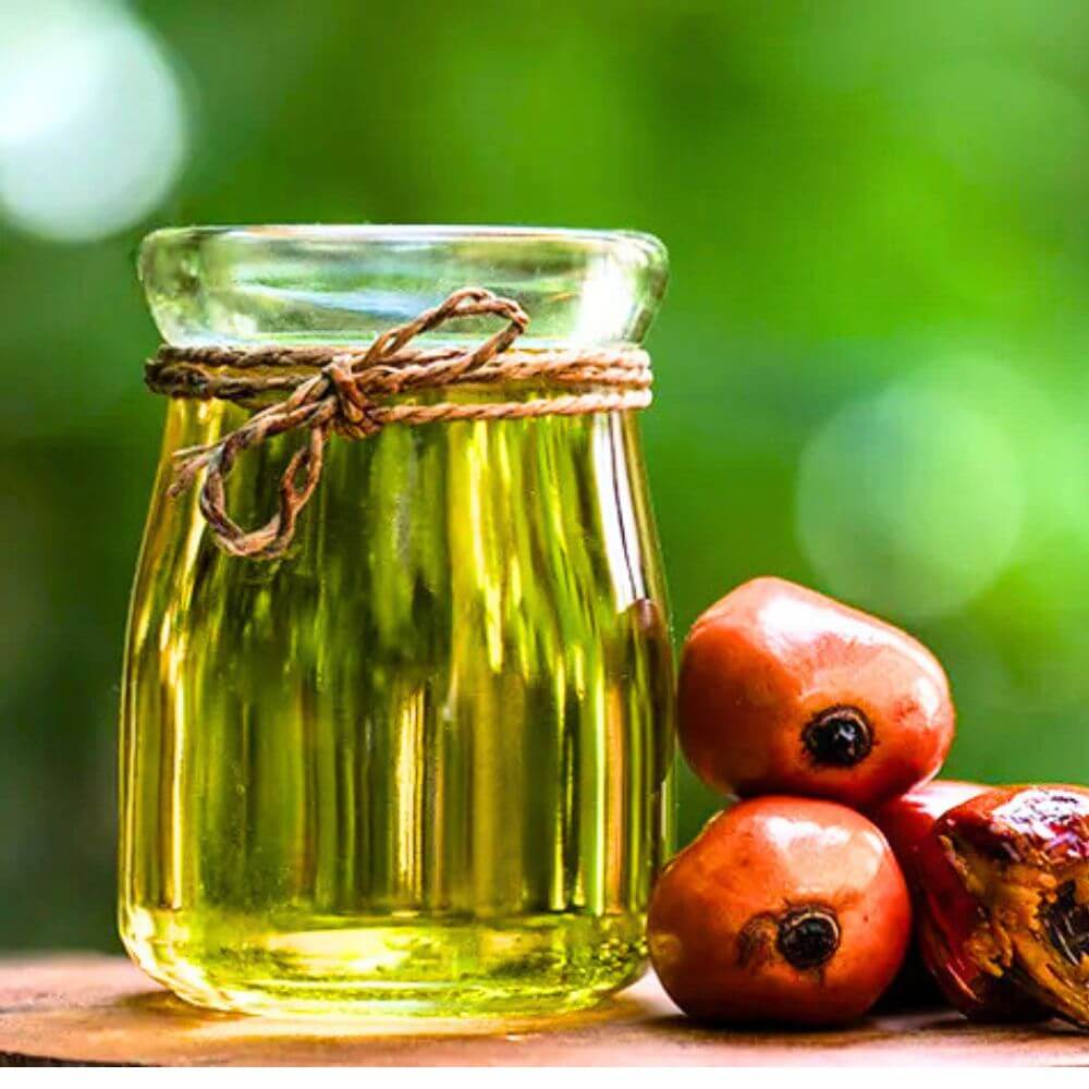 Premium palm kernel oil in a glass bottle with palm fruits, sourced from Brazil