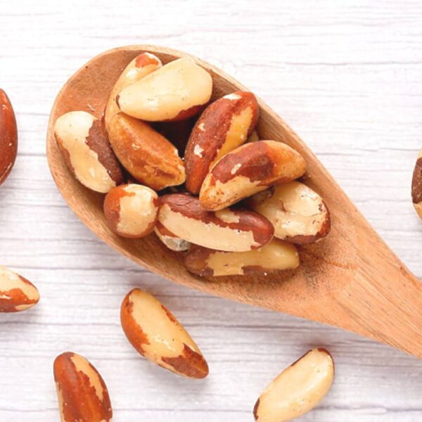 Brazilian almonds displayed in a wooden spoon for confectionery, bakery, and snack manufacturing