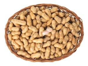 Bulk Brazilian peanuts in shell displayed in a woven basket for food manufacturers and exporters