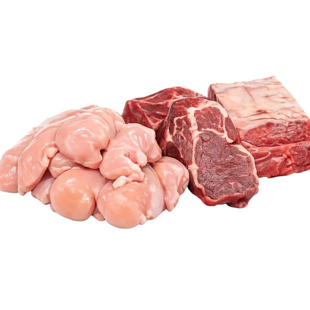 Assorted raw meat cuts including poultry and beef for Brazil export on white background.