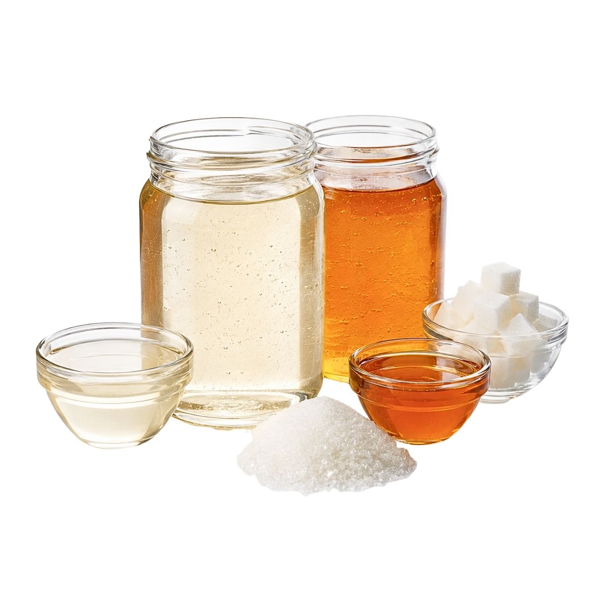 Sugar and sweeteners category cover with liquid sugar, invert sugar syrup, white sugar crystals and sugar cubes on white background.1