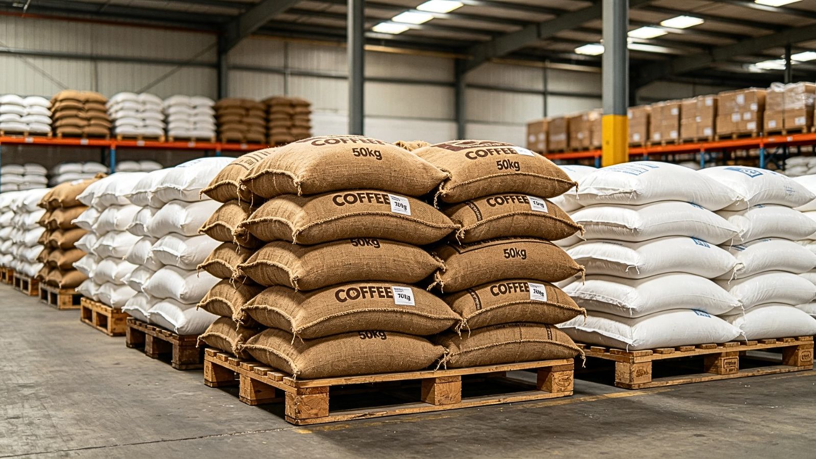 Neatly stacked wooden pallets of bagged Brazilian green coffee and white bagged sugar stored in a clean industrial warehouse, prepared for export in dry containers.