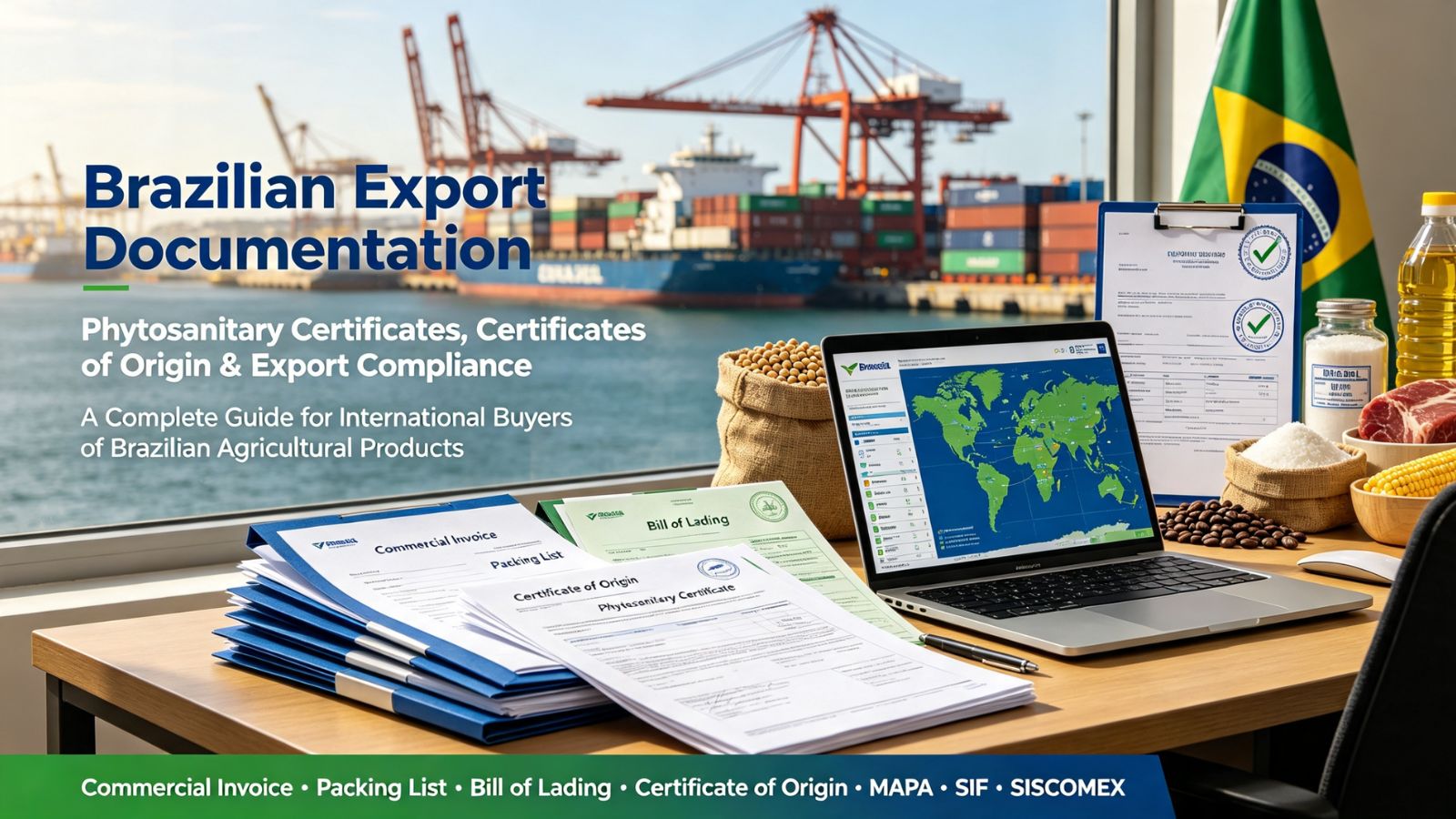 Professional export documentation for Brazilian agricultural shipments displayed on an office desk with commercial invoice, packing list, bill of lading, certificate of origin, phytosanitary certificate, laptop, and container port in the background representing international trade compliance.