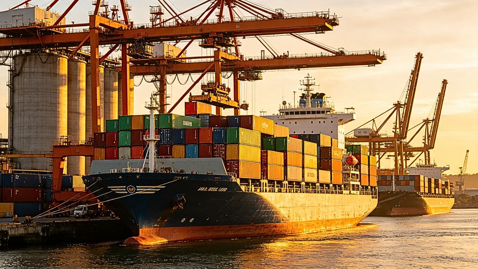 Massive orange port cranes loading colorful shipping containers onto a cargo vessel at a busy Brazilian agricultural export terminal at sunset.