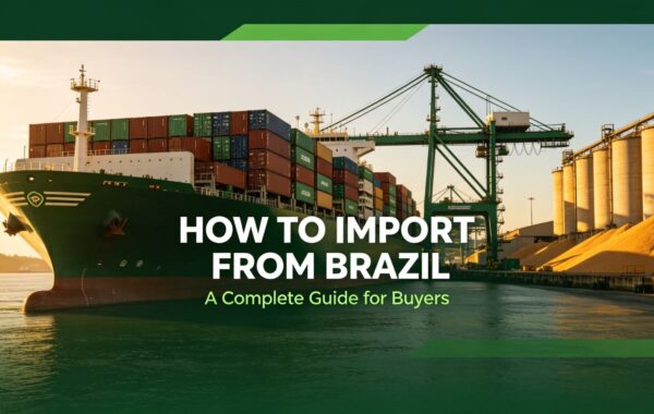 Featured image banner for the guide How to Import from Brazil, showing a large container cargo ship docked at a sunlit Brazilian port next to agricultural silos.