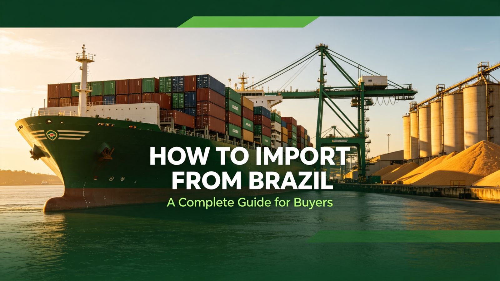 Featured image banner for the guide How to Import from Brazil, showing a large container cargo ship docked at a sunlit Brazilian port next to agricultural silos.