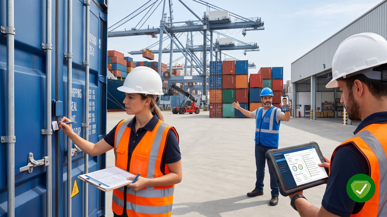 Quality inspection of export containers at a Brazilian port with shipment verification, customs documentation, and international trade compliance.