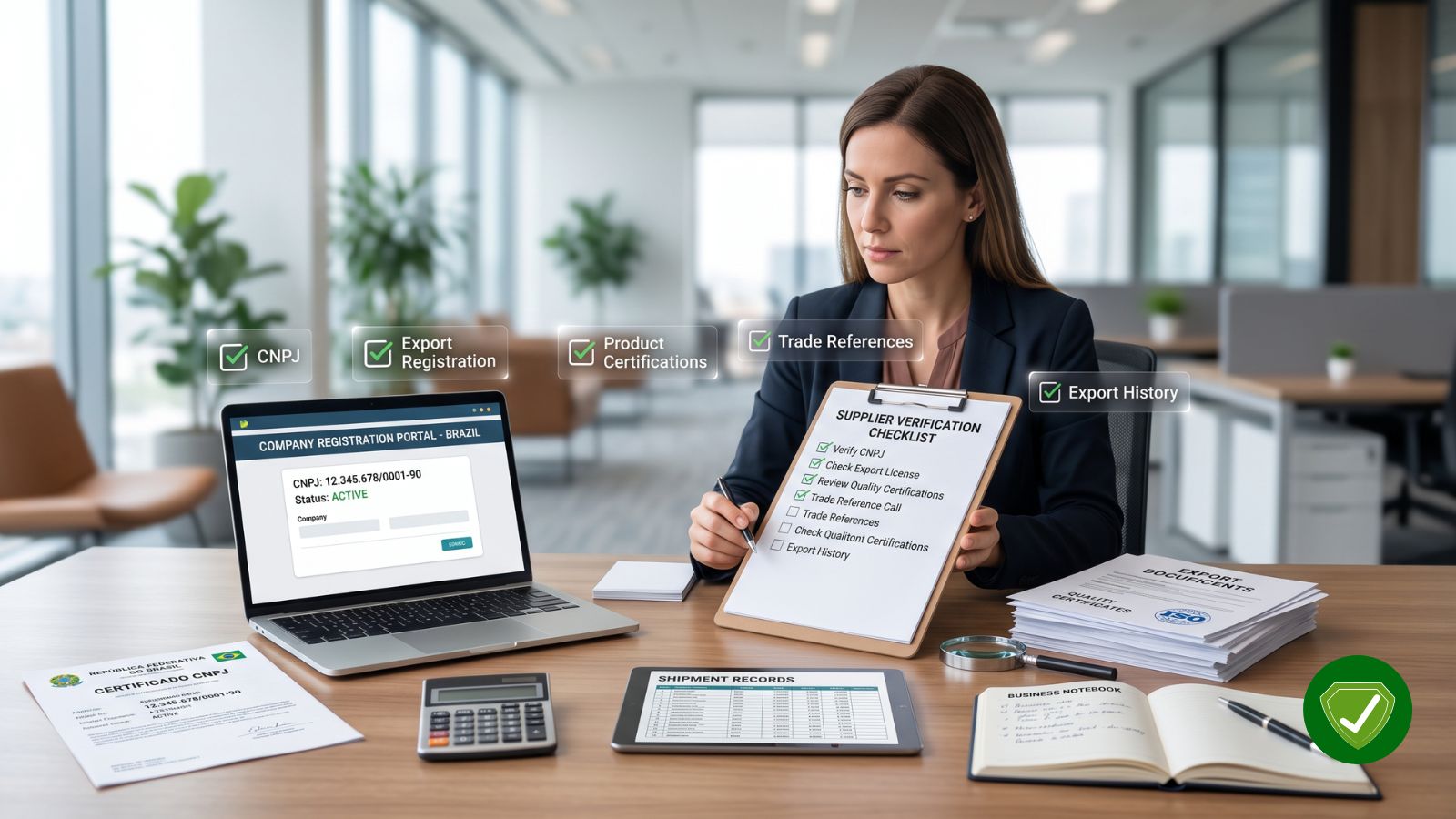 Business professional verifying a Brazilian supplier using CNPJ registration, SISCOMEX records, certifications, and export documents.