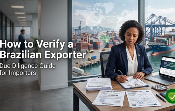 Importer reviewing Brazilian exporter documents with CNPJ verification, shipping containers, and export compliance checklist before international trade.