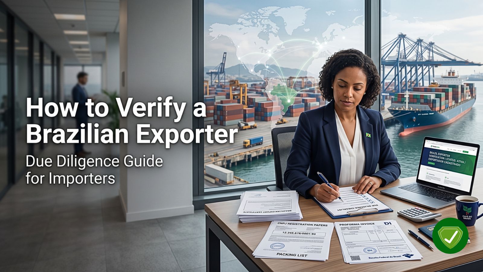Importer reviewing Brazilian exporter documents with CNPJ verification, shipping containers, and export compliance checklist before international trade.